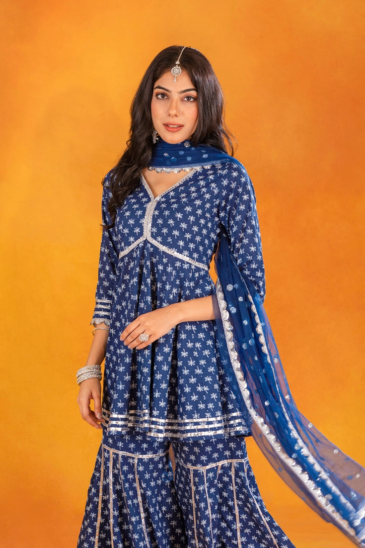 Indigo Cotton Printed Sharara (Set of 3)