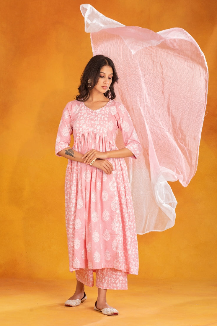 Pink Flared Printed Cotton Suit (Set of 3)