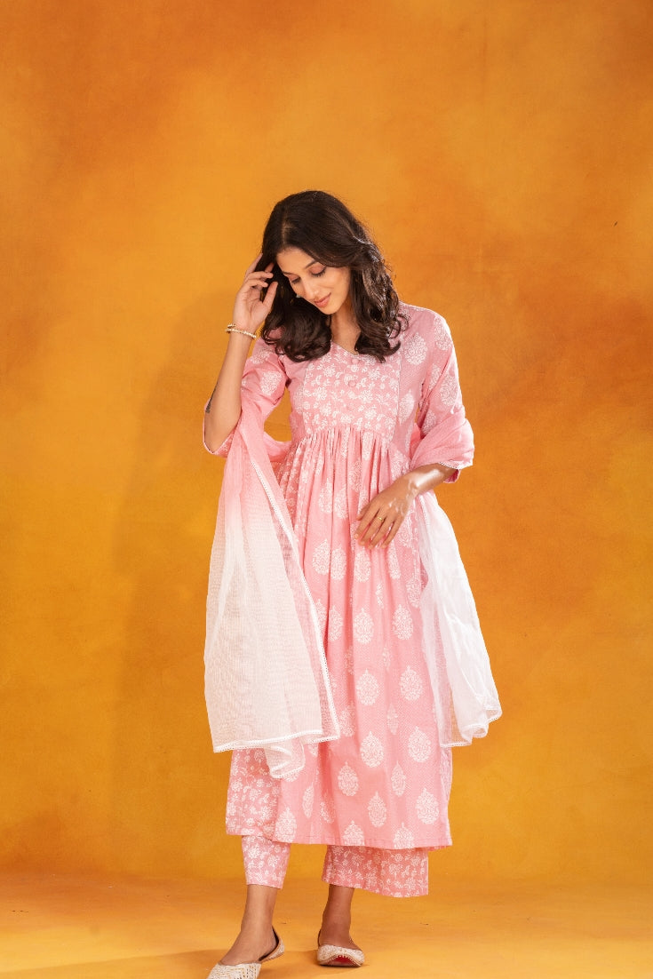 Pink Flared Printed Cotton Suit (Set of 3)