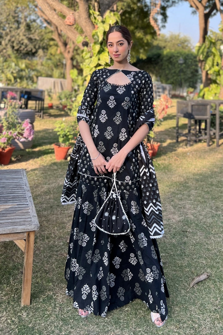 Black and White Cotton Sharara Suit (Set of 3)