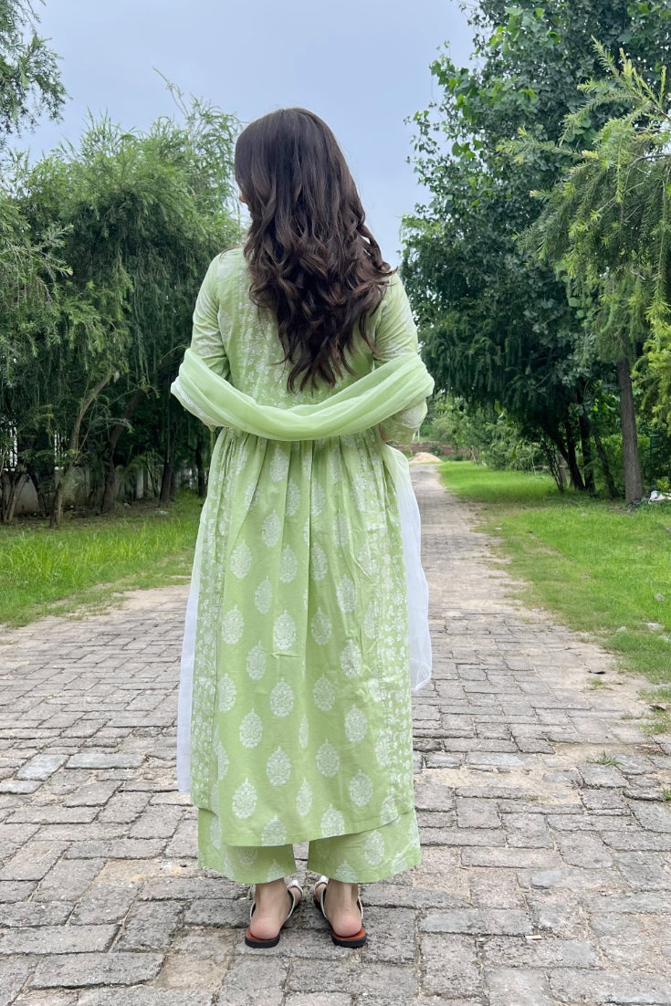 Green Flared Block Printed Suit (Set of 3)