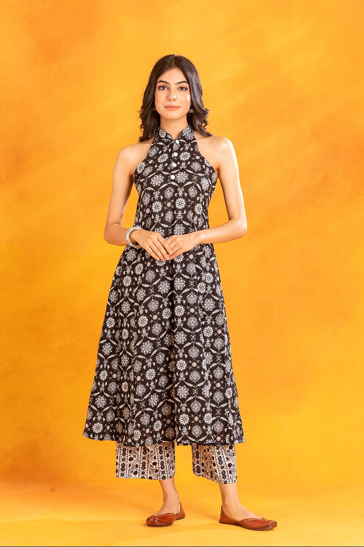 Black Halter Neck Kurta (Set of 3)