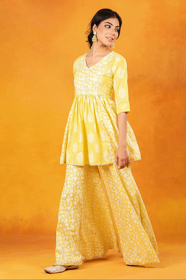 Lemon Cotton Printed Sharara (Set of 3)