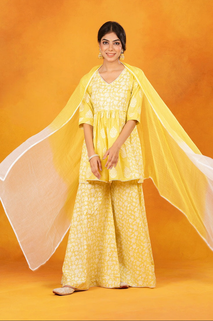 Lemon Cotton Printed Sharara (Set of 3)