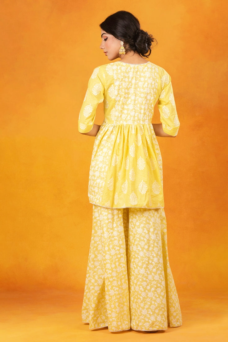 Lemon Cotton Printed Sharara (Set of 3)