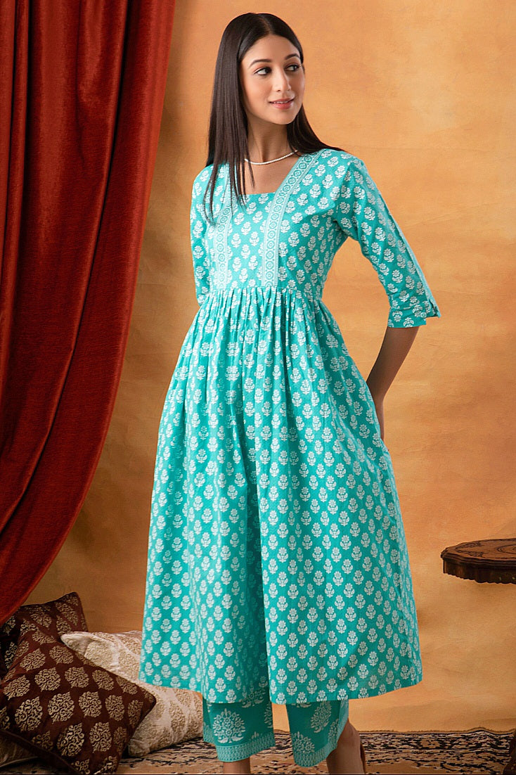 Blue Hand Block Printed Suit (Set of 3)