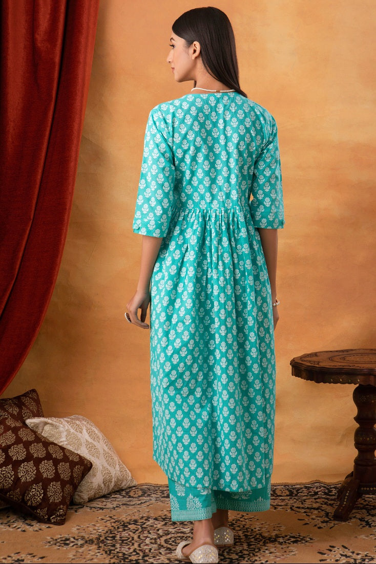 Blue Hand Block Printed Suit (Set of 3)