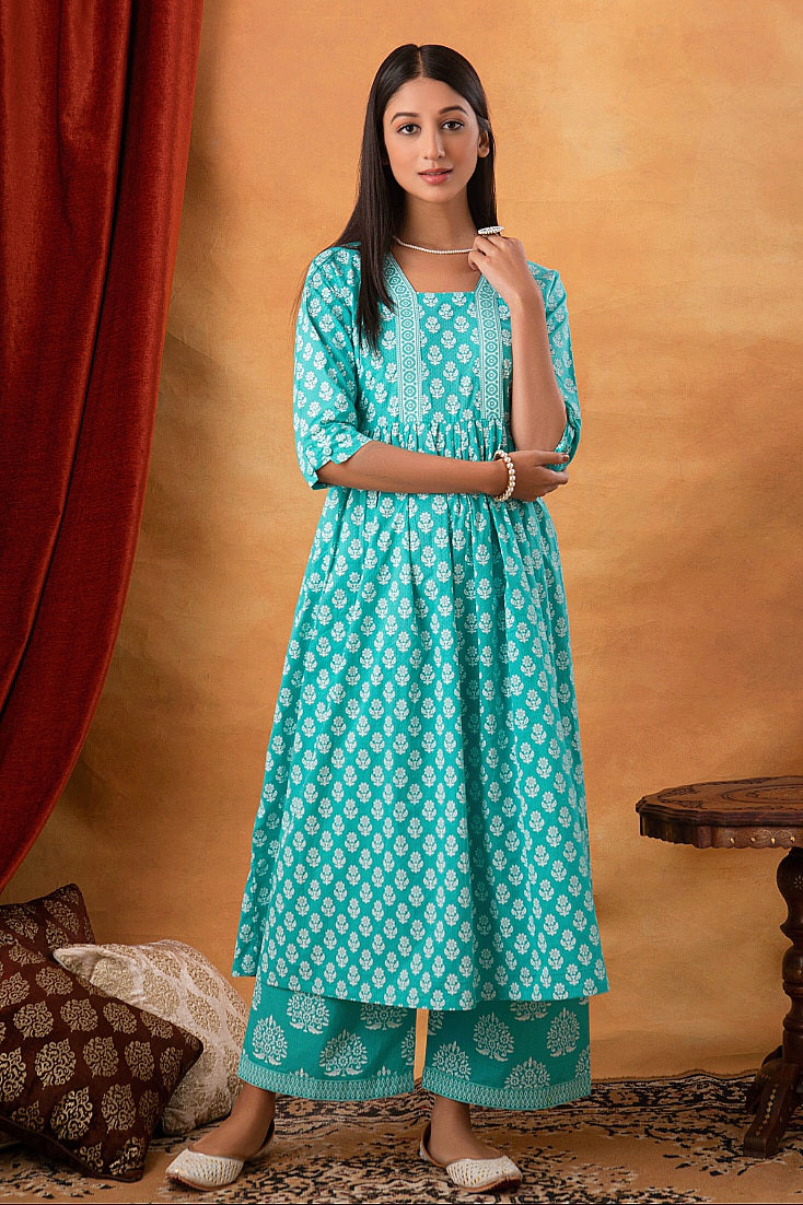 Blue Hand Block Printed Suit (Set of 3)