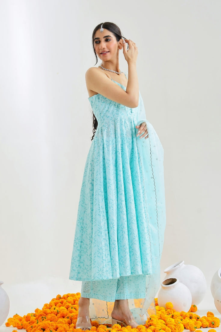 Sky Blue Suit Set with Organza Dupatta