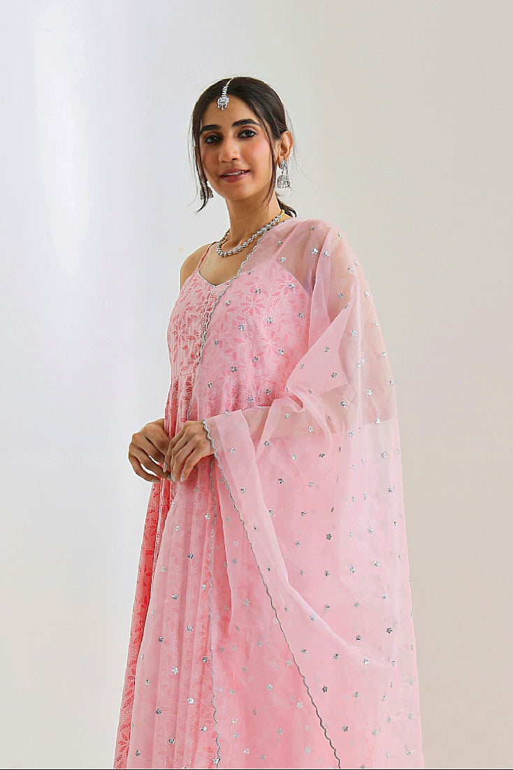 Baby Pink Suit Set with Organza Dupatta