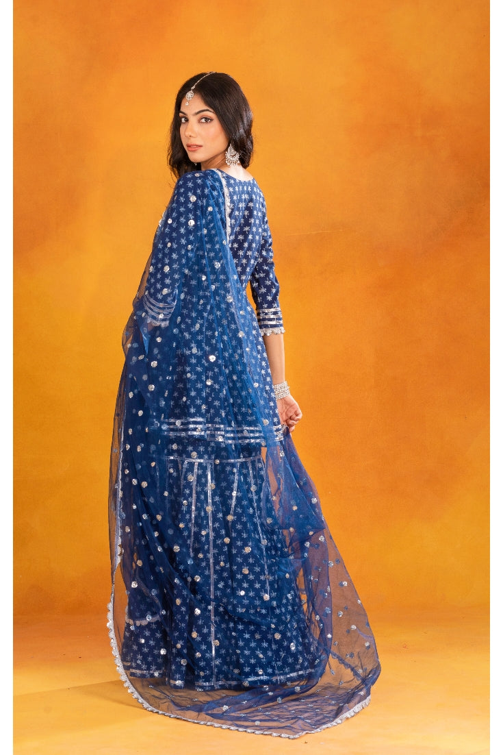 Indigo Cotton Printed Gharara (Set of 3)