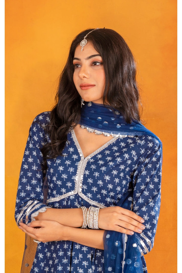 Indigo Cotton Printed Sharara (Set of 3)