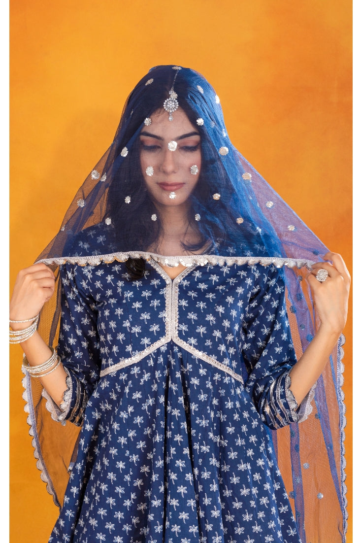 Indigo Cotton Printed Sharara (Set of 3)