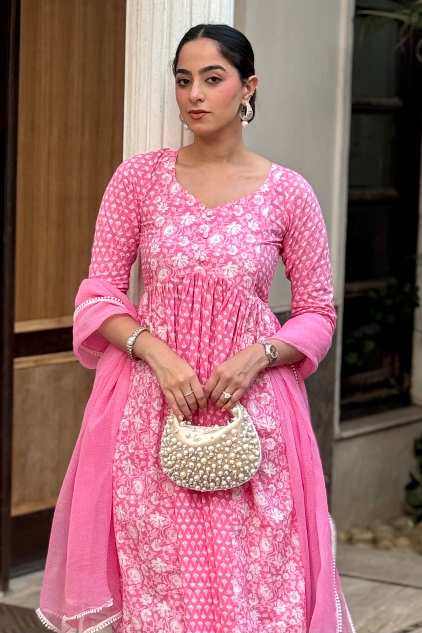 Pink Gathered Printed Cotton Suit (Set of 3)