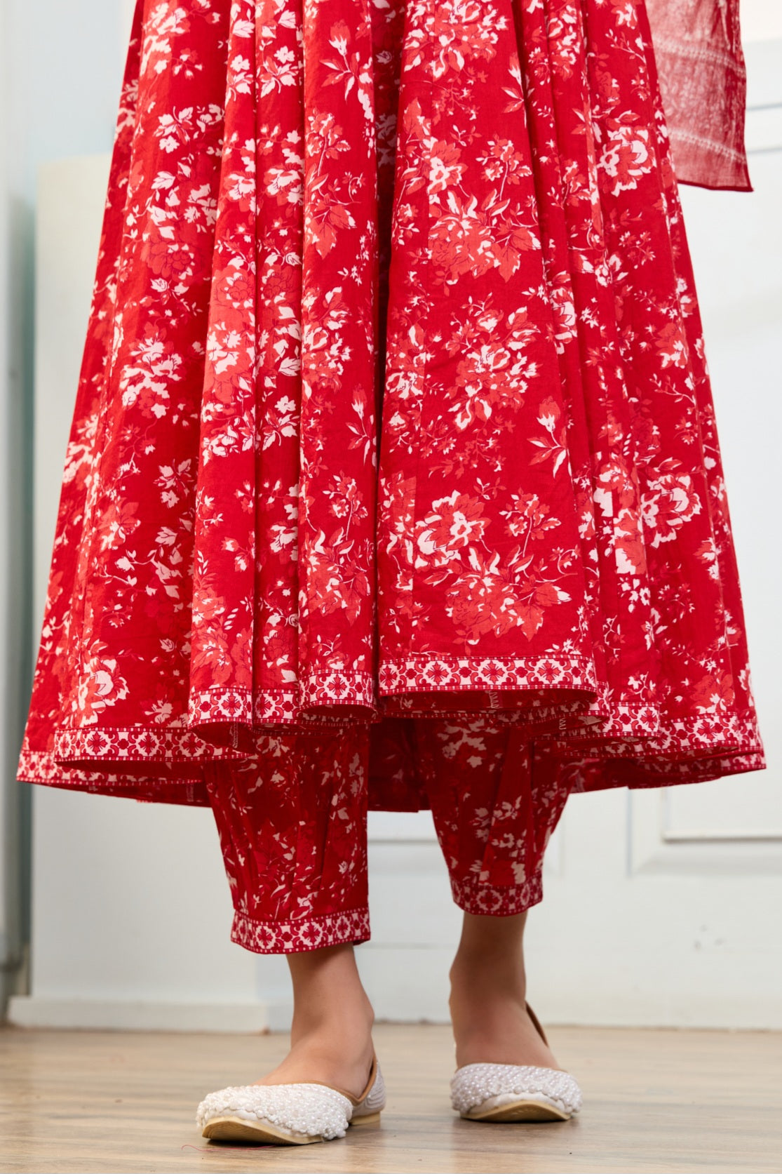 Red Cotton Anarkali Suit with Afghani Pants & Dupatta (Set of 3)