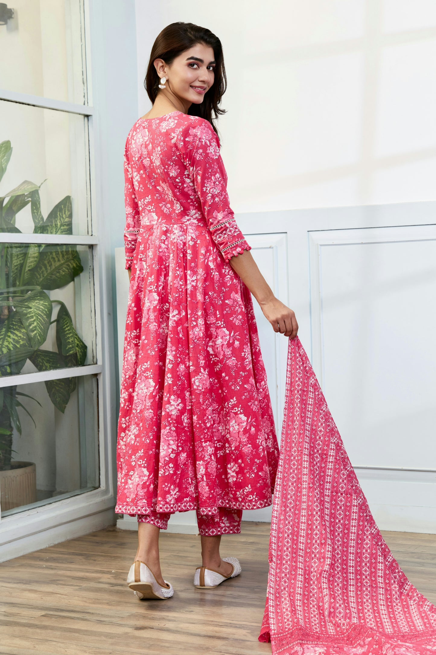 Pink Cotton Anarkali Suit with Afghani Pants & Dupatta (Set of 3)