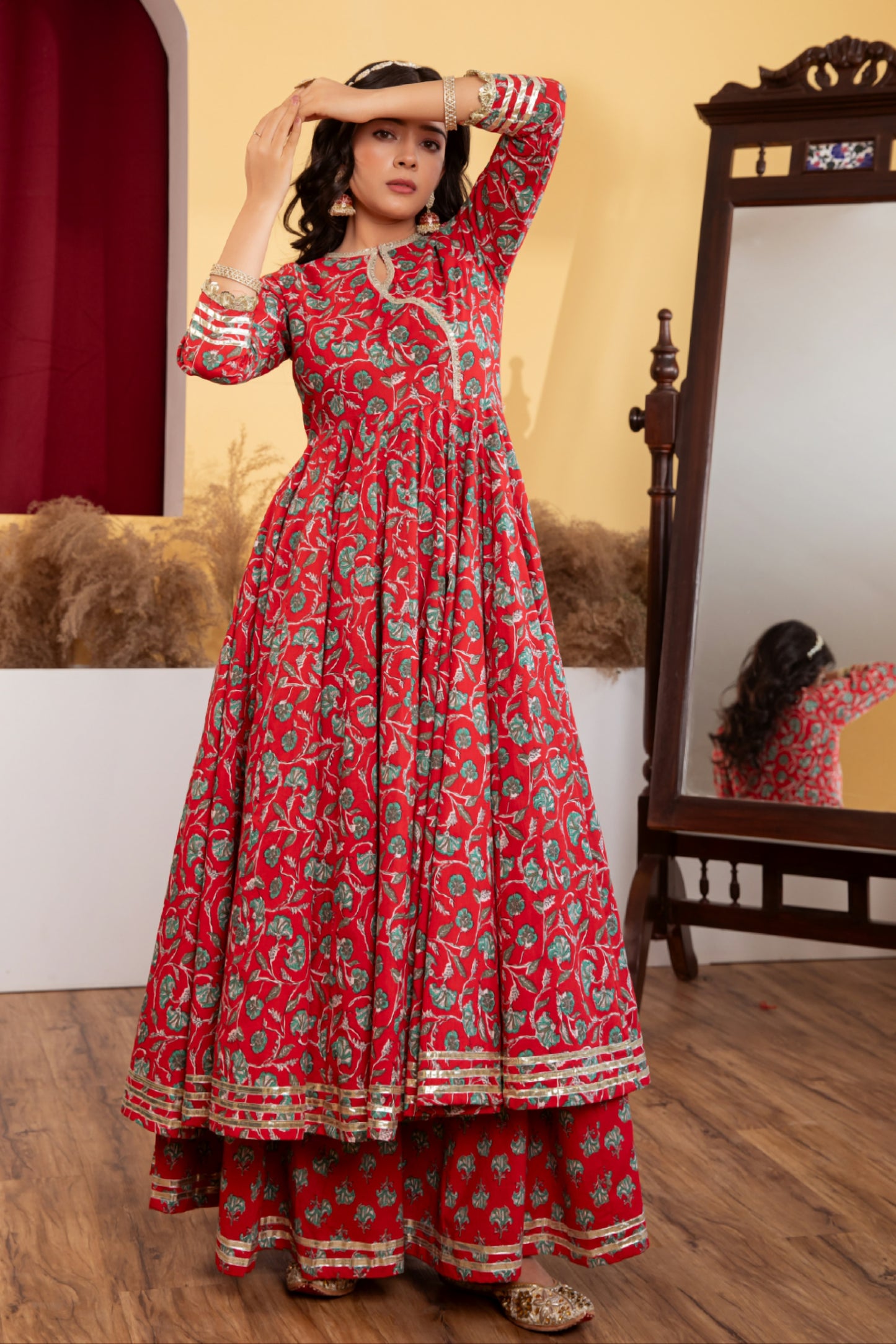 Red Angrakha Cotton Printed Suit (Set of 3)