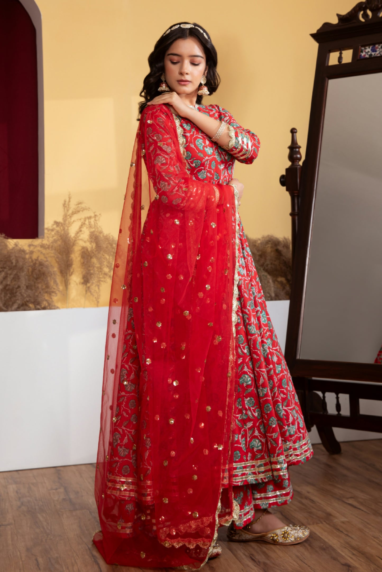 Red Angrakha Cotton Printed Suit (Set of 3)