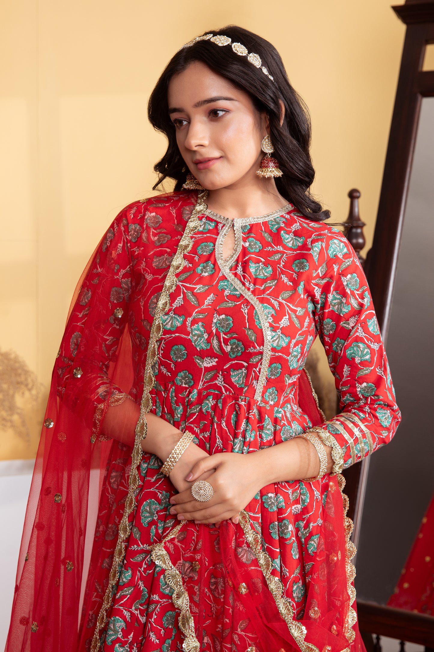 Red Angrakha Cotton Printed Suit (Set of 3)