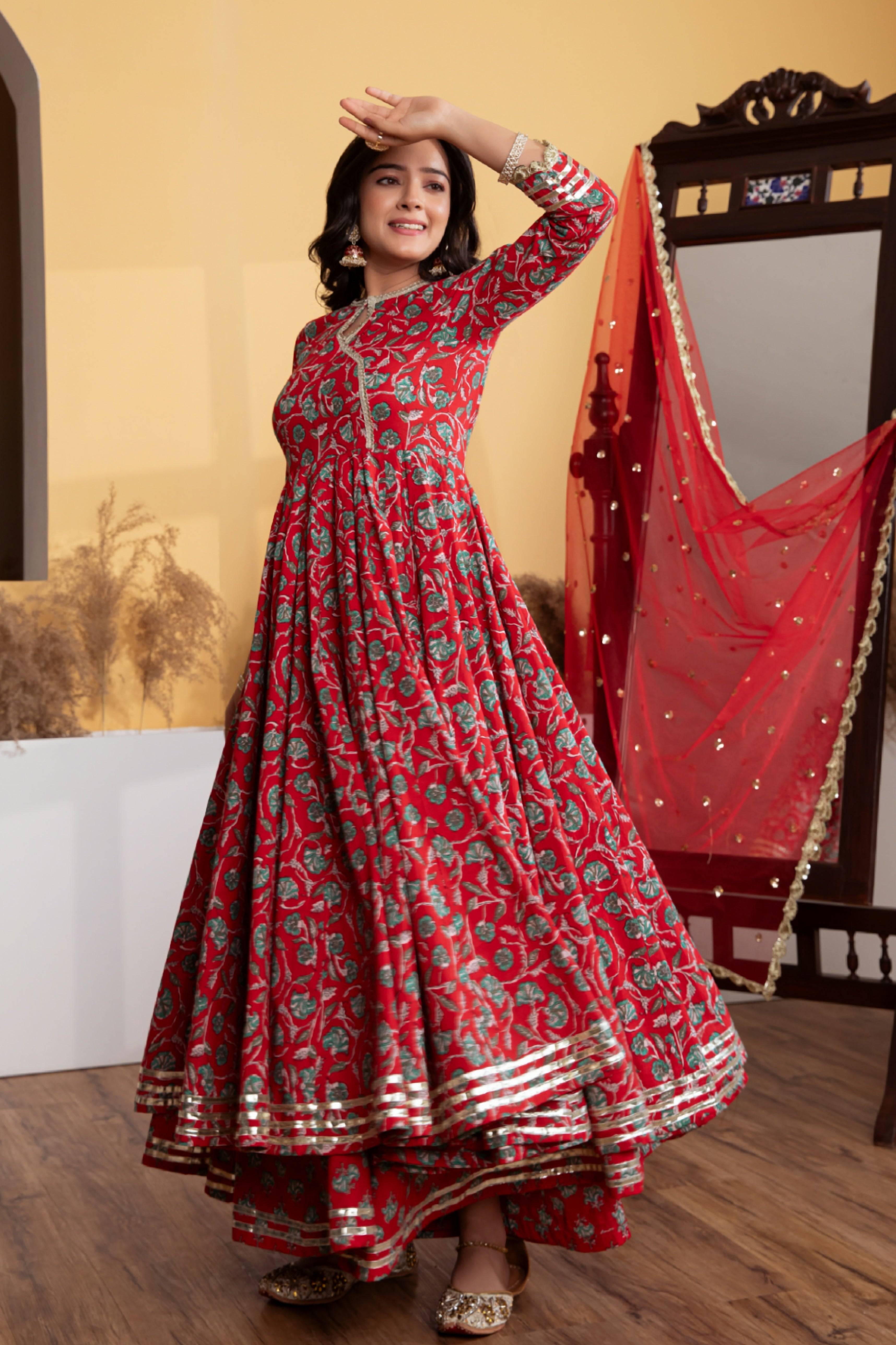 RBD042 - Chinnon floral print angrakha style suit in wine . Comes with dupatta. main image 1