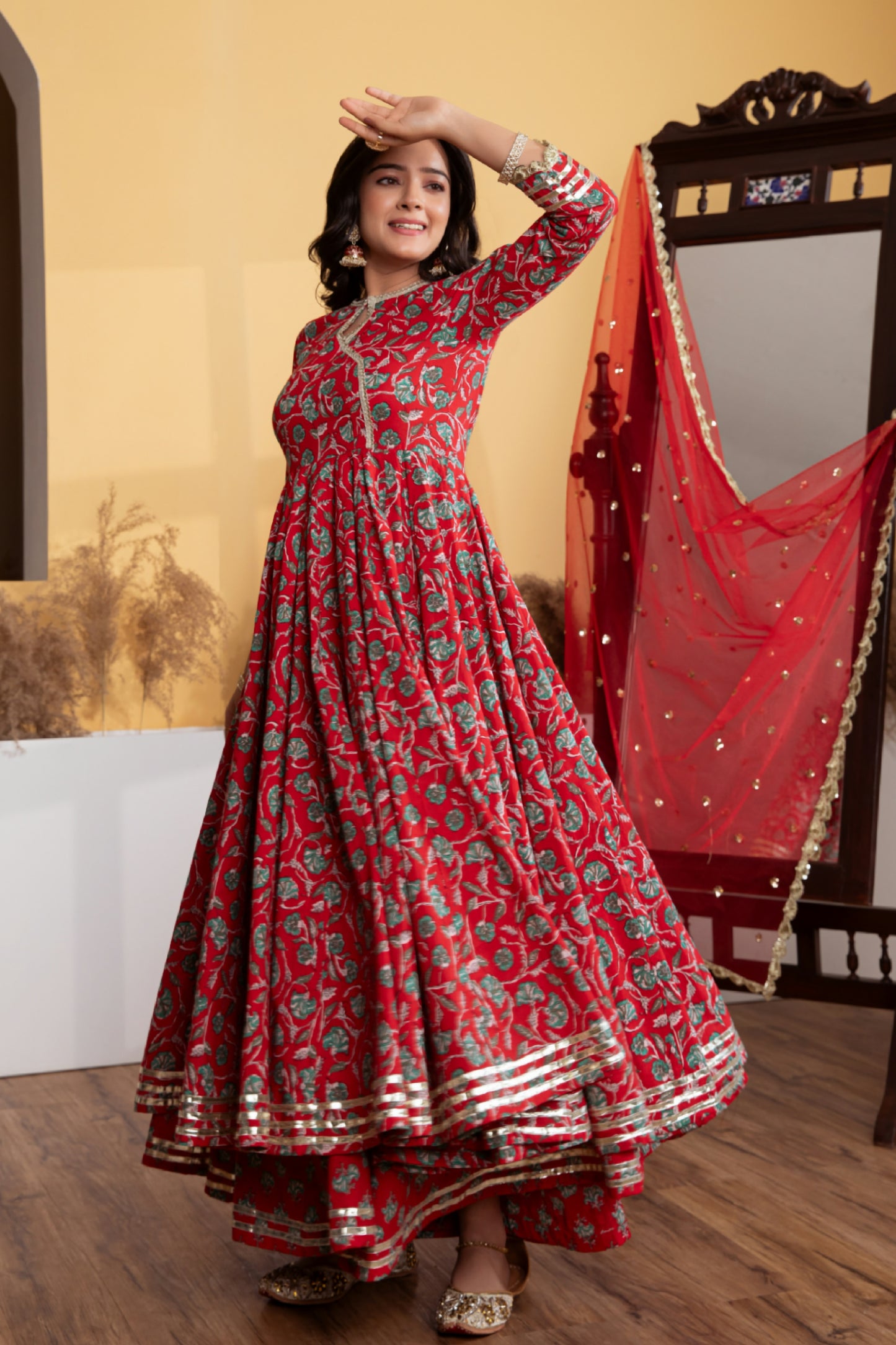 Red Angrakha Cotton Printed Suit (Set of 3)