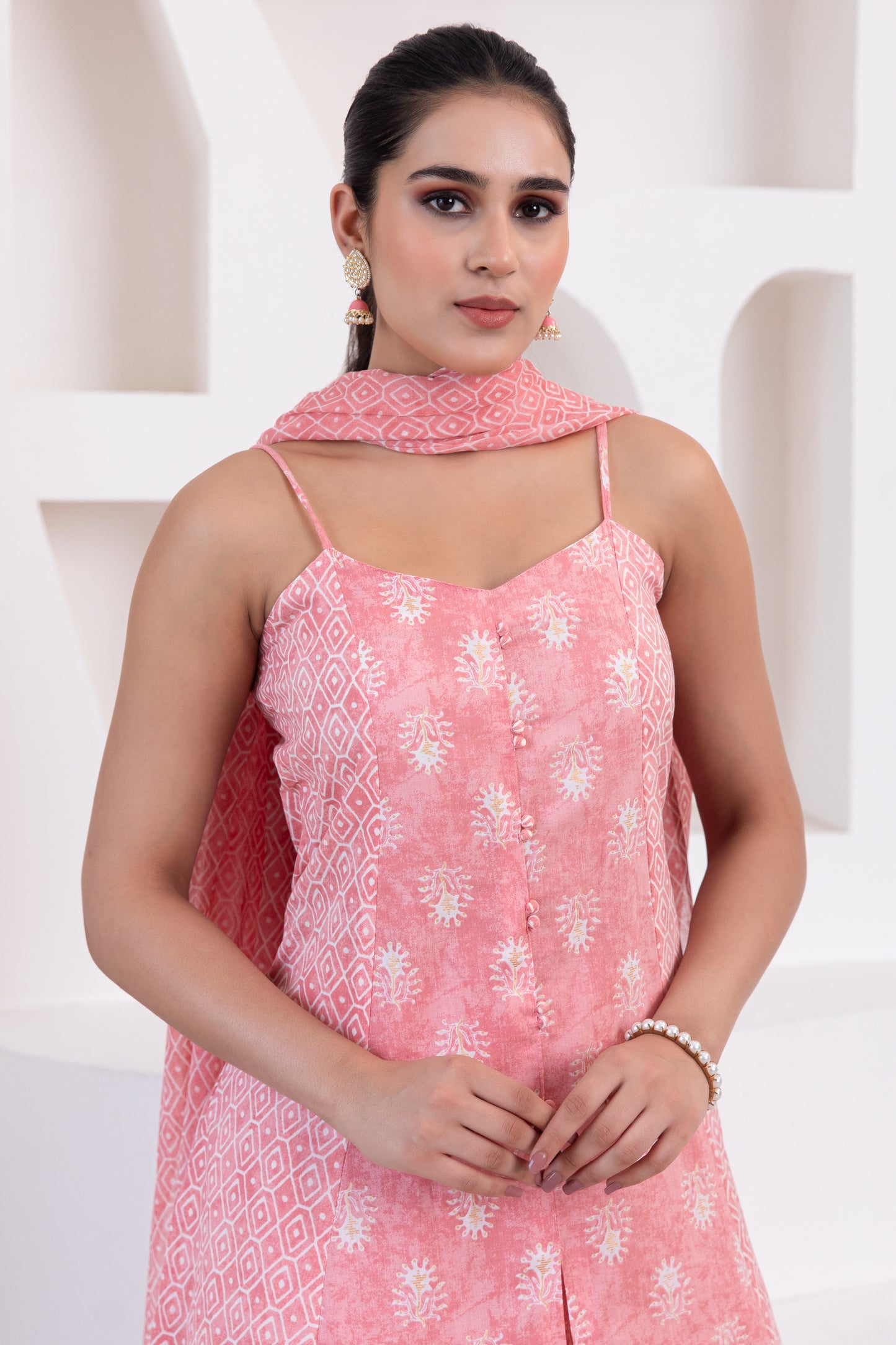 Pastel Pink Noodle Strap Cotton Suit (Set of 3)