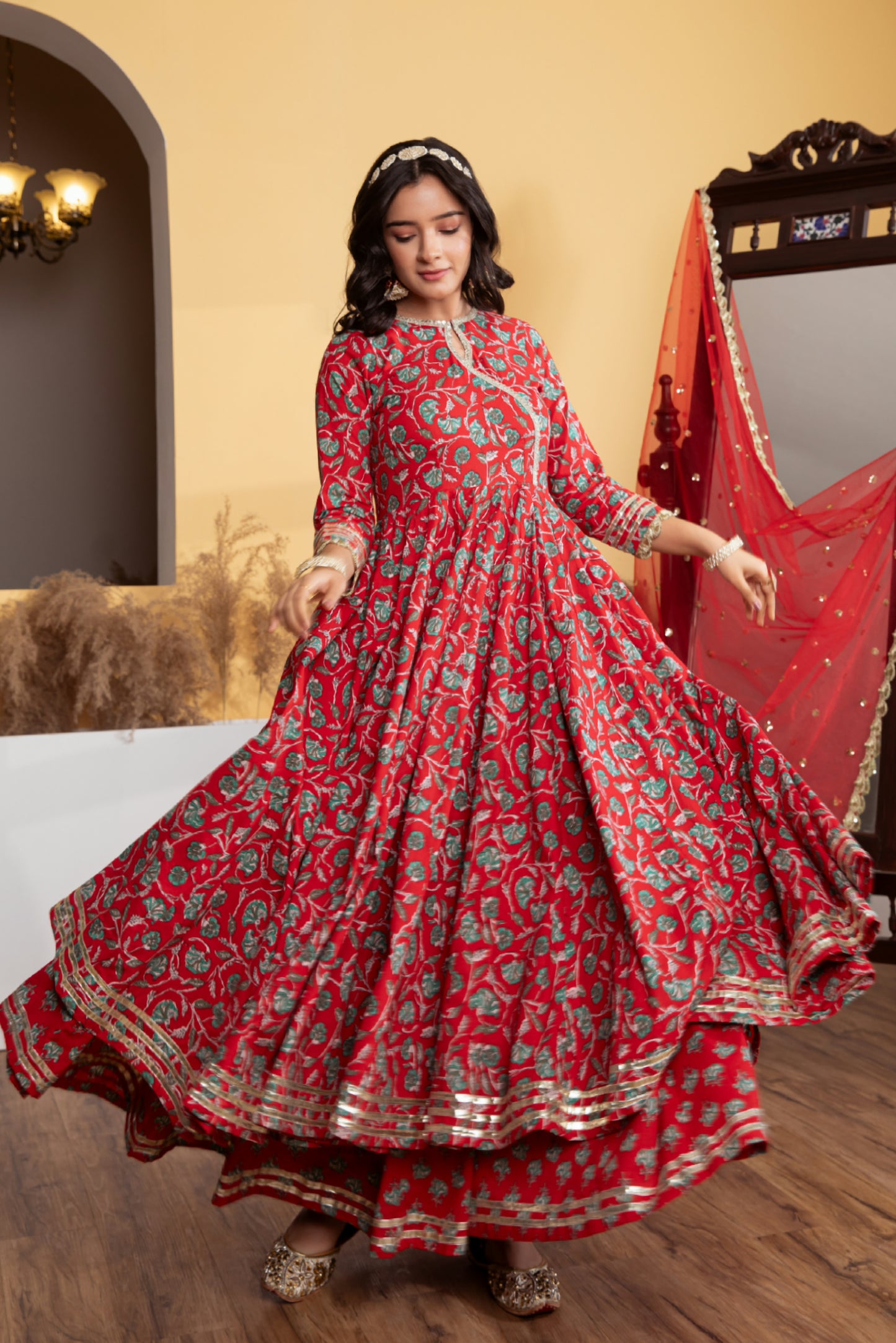 Red Angrakha Cotton Printed Suit (Set of 3)