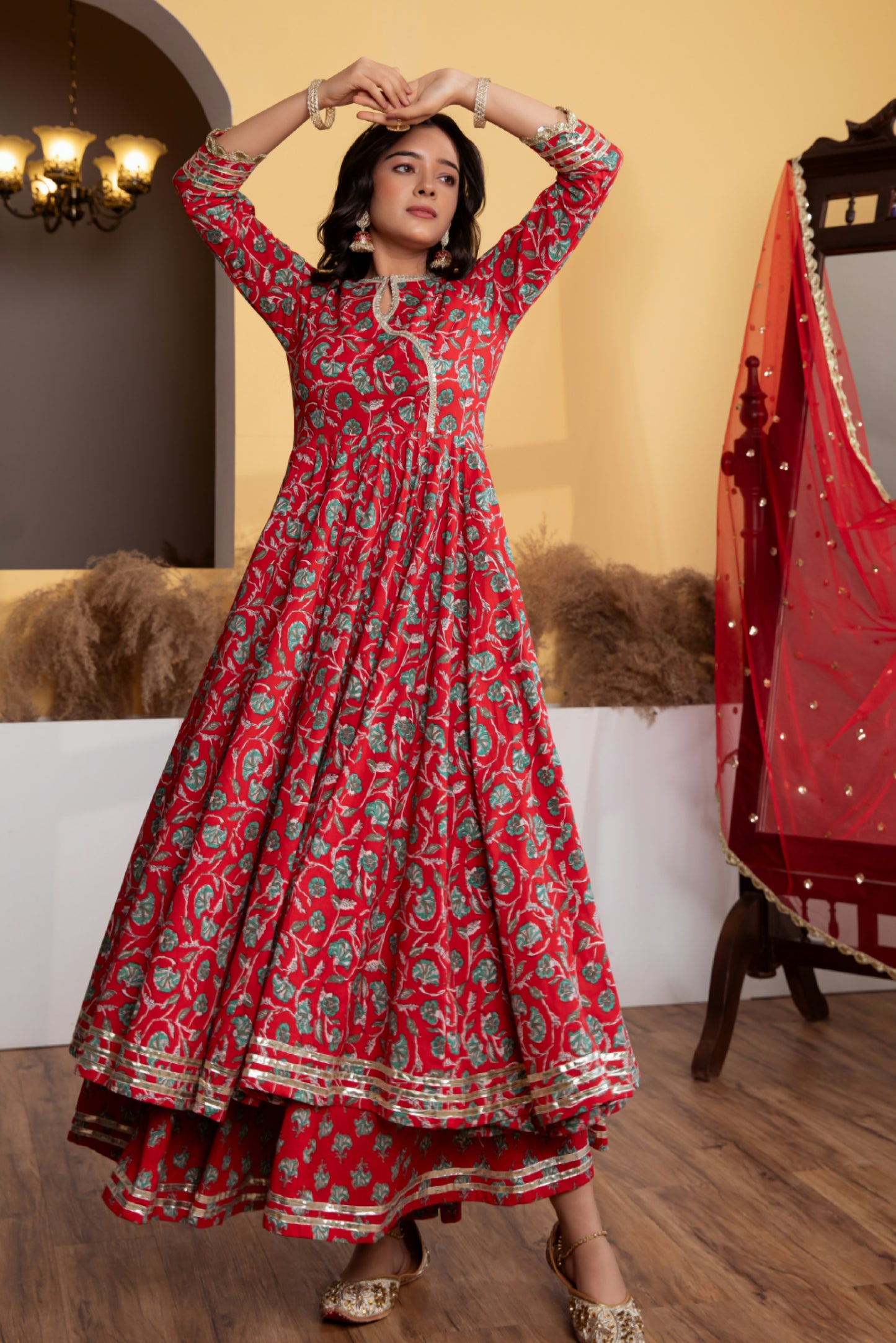 Red Angrakha Cotton Printed Suit (Set of 3)