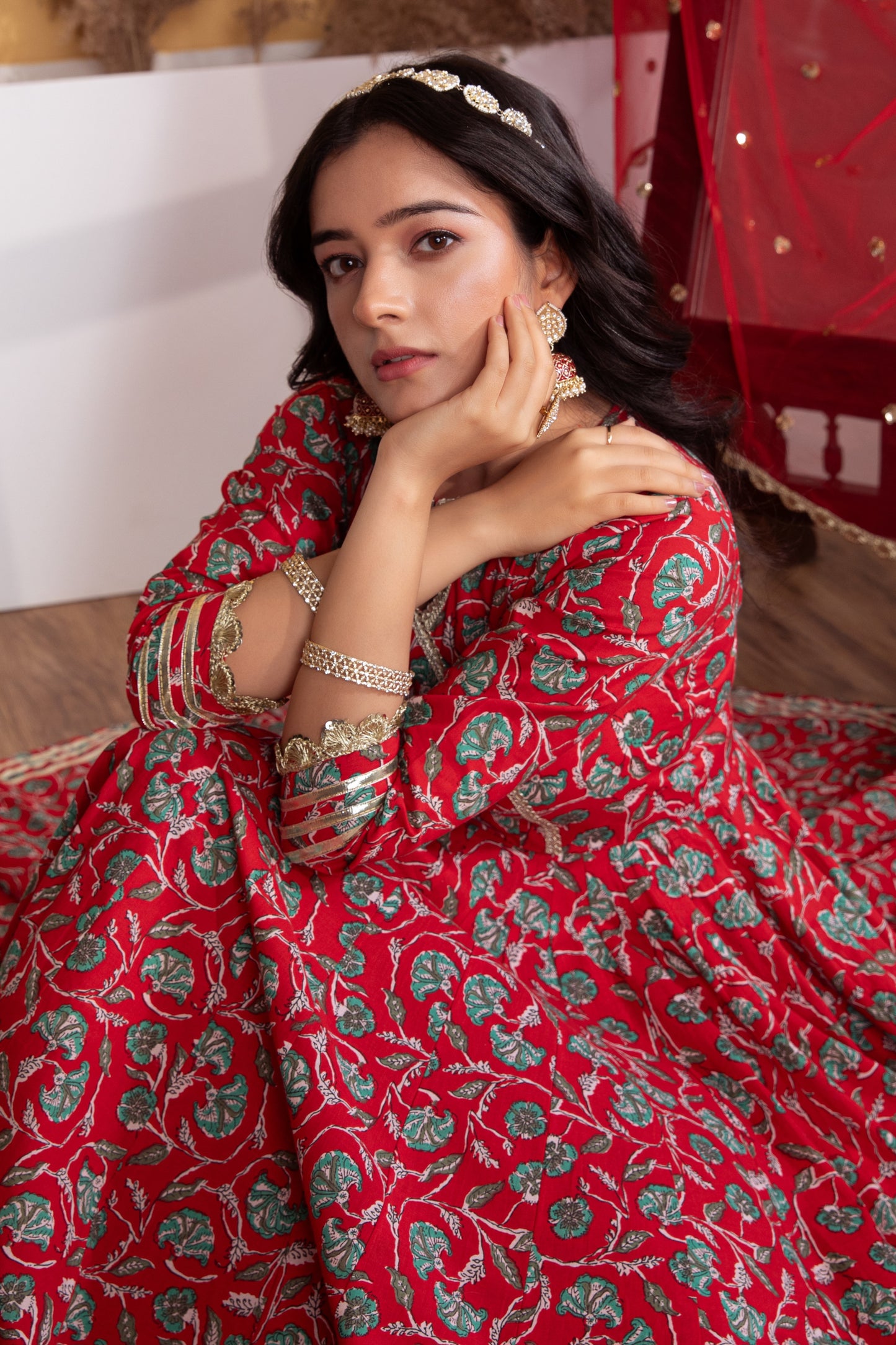 Red Angrakha Cotton Printed Suit (Set of 3)