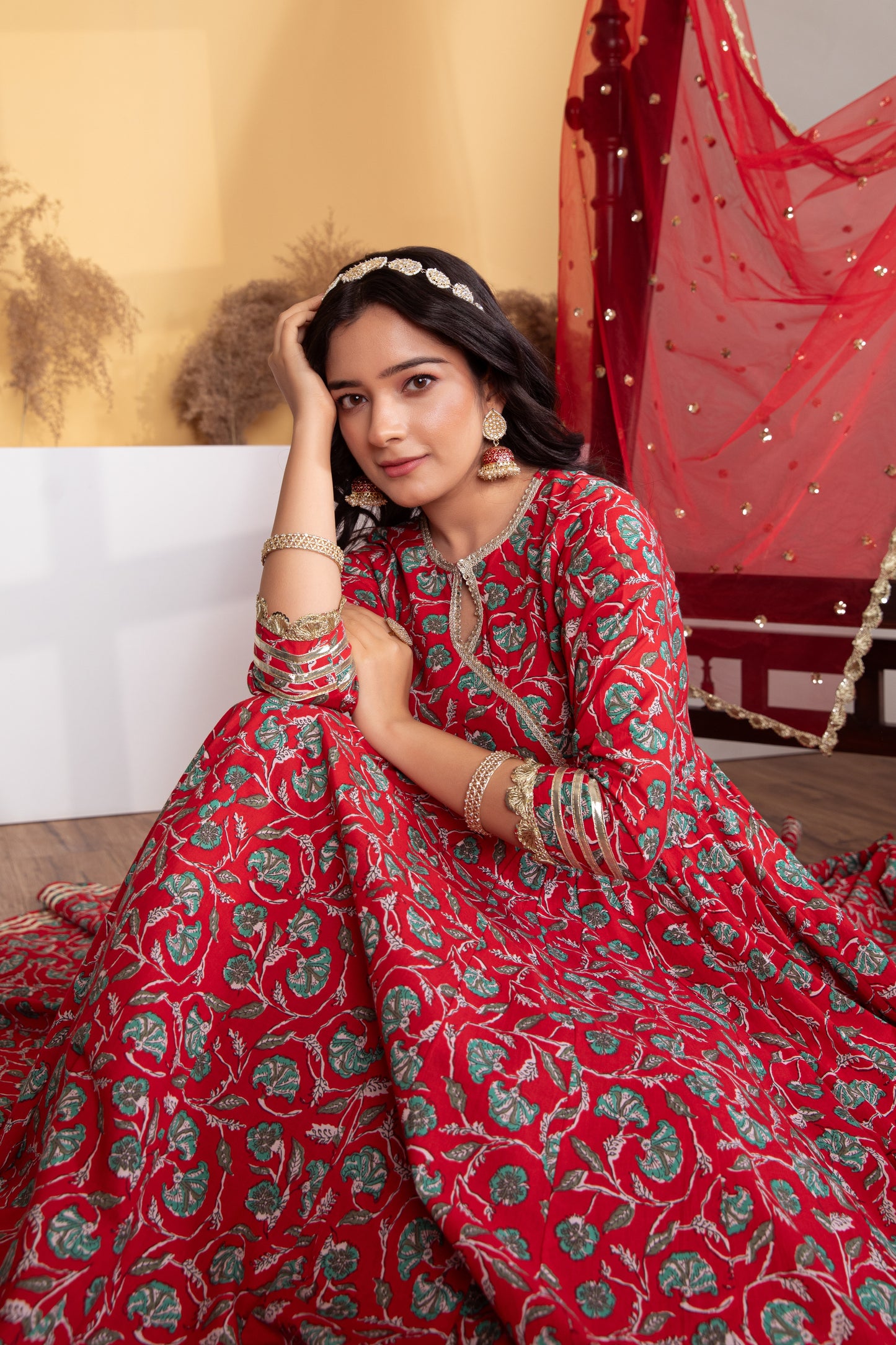 Red Angrakha Cotton Printed Suit (Set of 3)