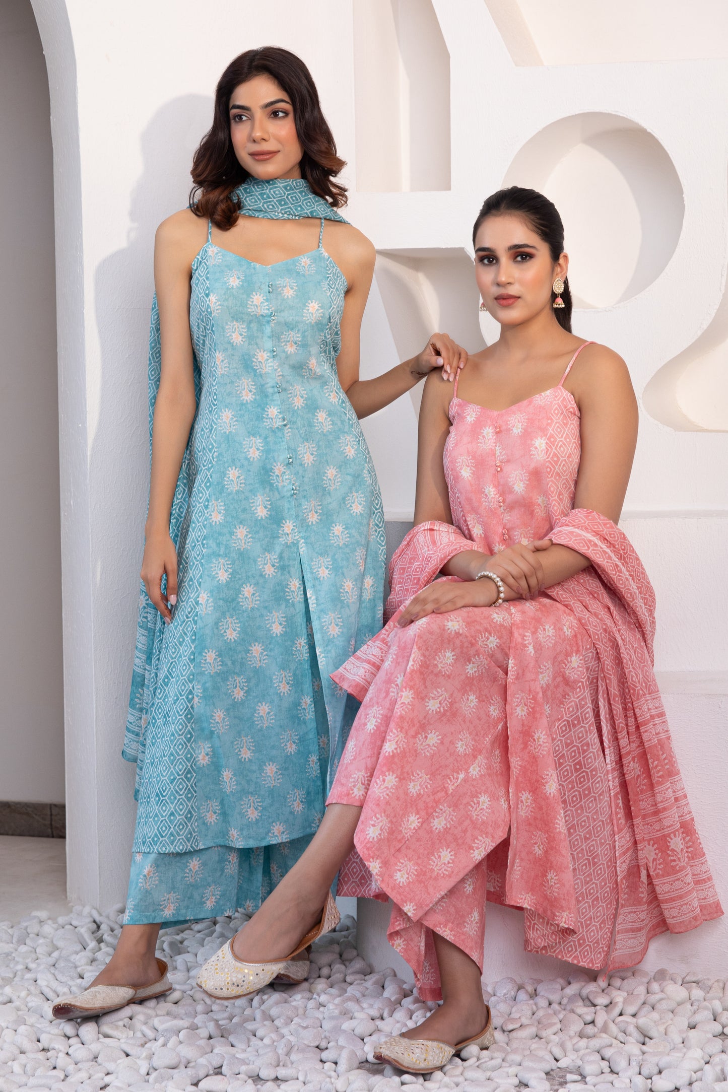 Pastel Pink Noodle Strap Cotton Suit (Set of 3)