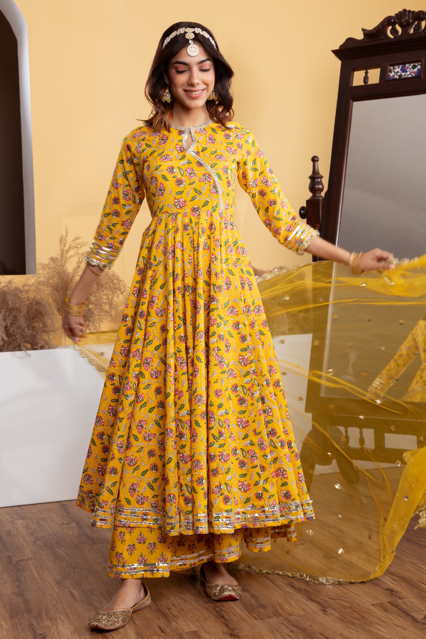 Yellow Angrakha Cotton Printed Suit (Set of 3)