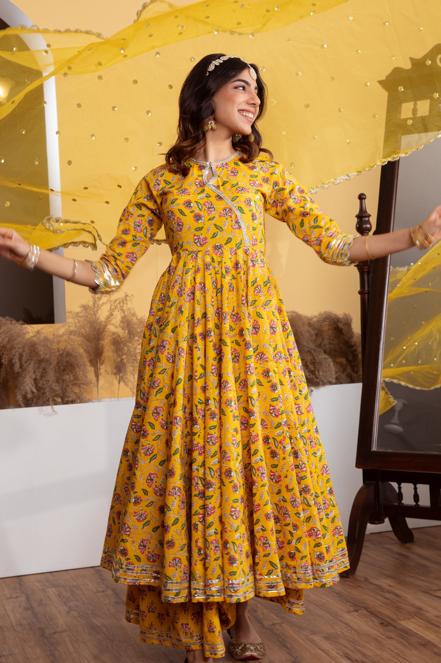 Yellow Angrakha Cotton Printed Suit (Set of 3)