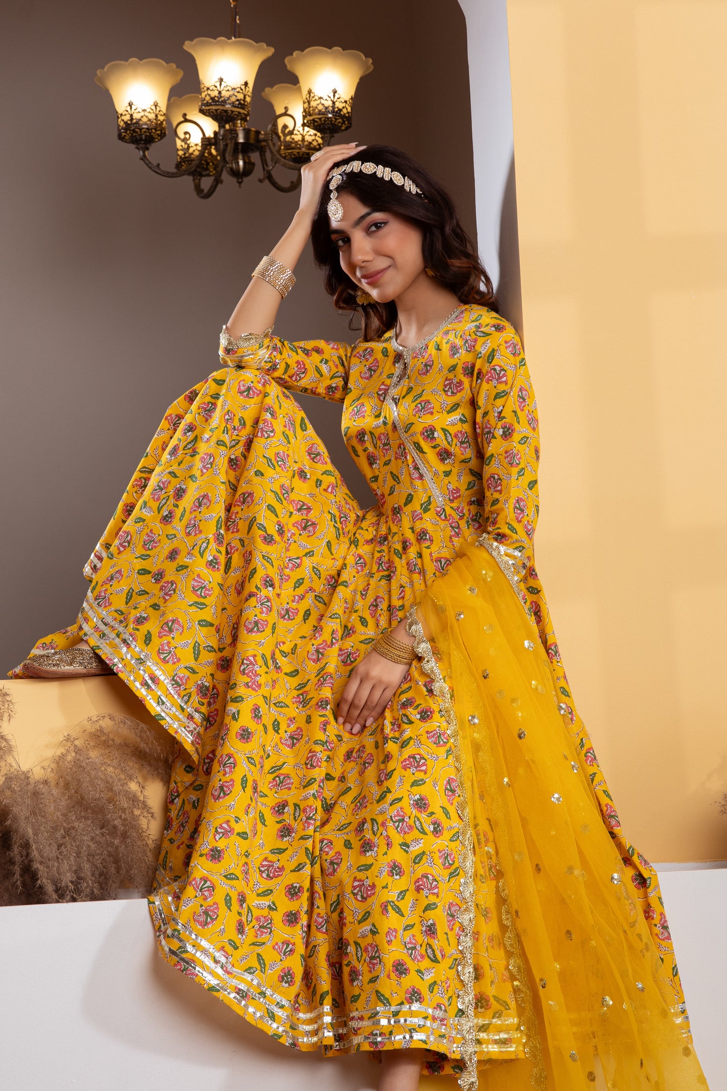 Yellow Angrakha Cotton Printed Suit (Set of 3)