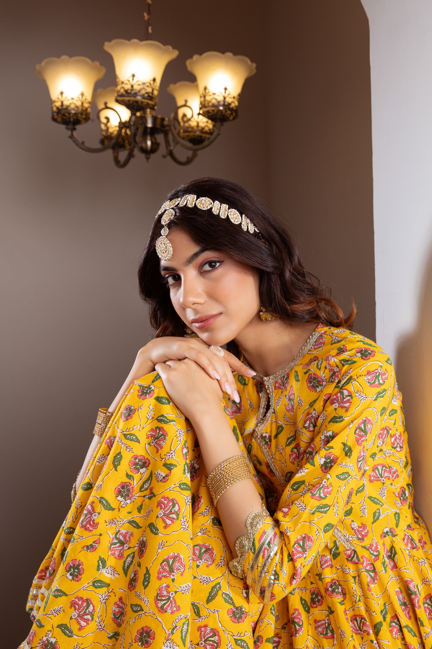 Yellow Angrakha Cotton Printed Suit (Set of 3)