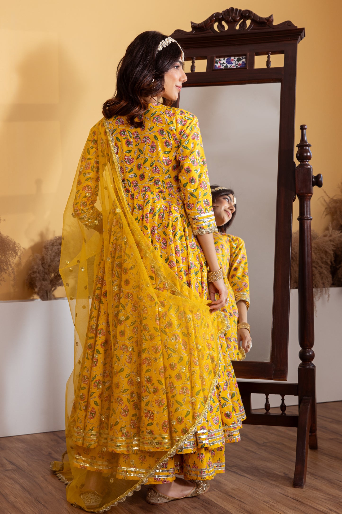 Yellow Angrakha Cotton Printed Suit (Set of 3)