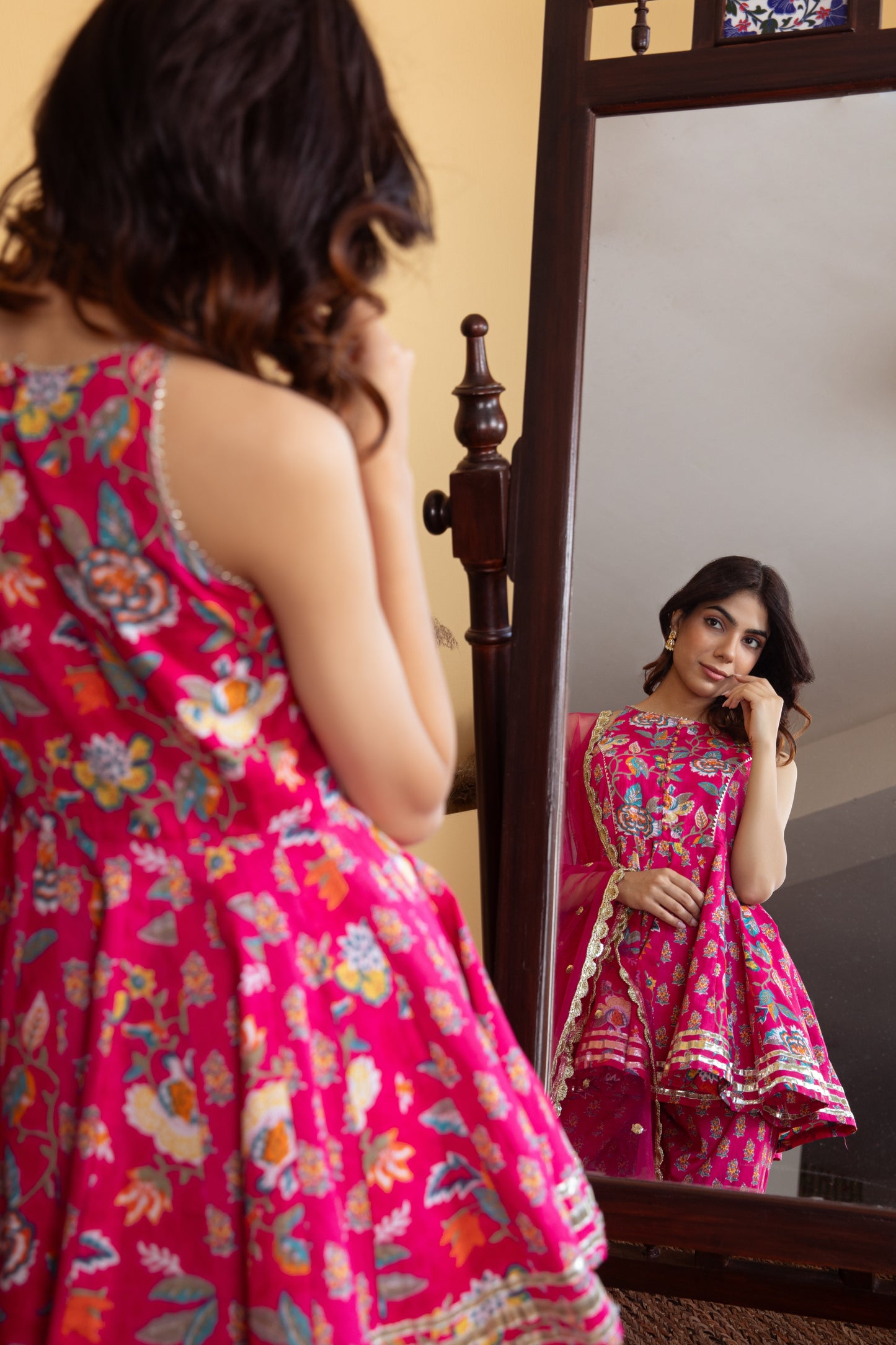 Fuchsia Cotton Printed Gharara (Set of 3)