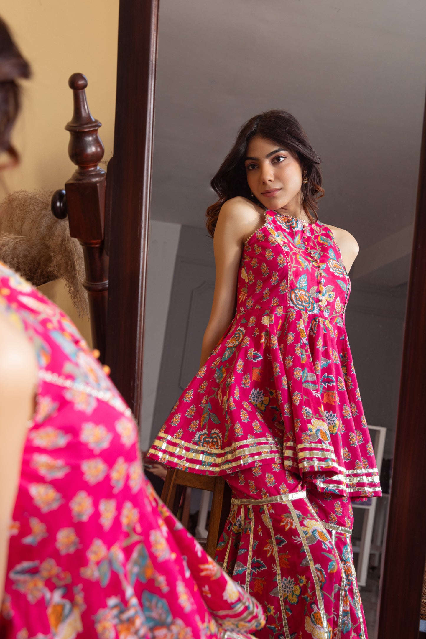 Fuchsia Cotton Printed Gharara (Set of 3)