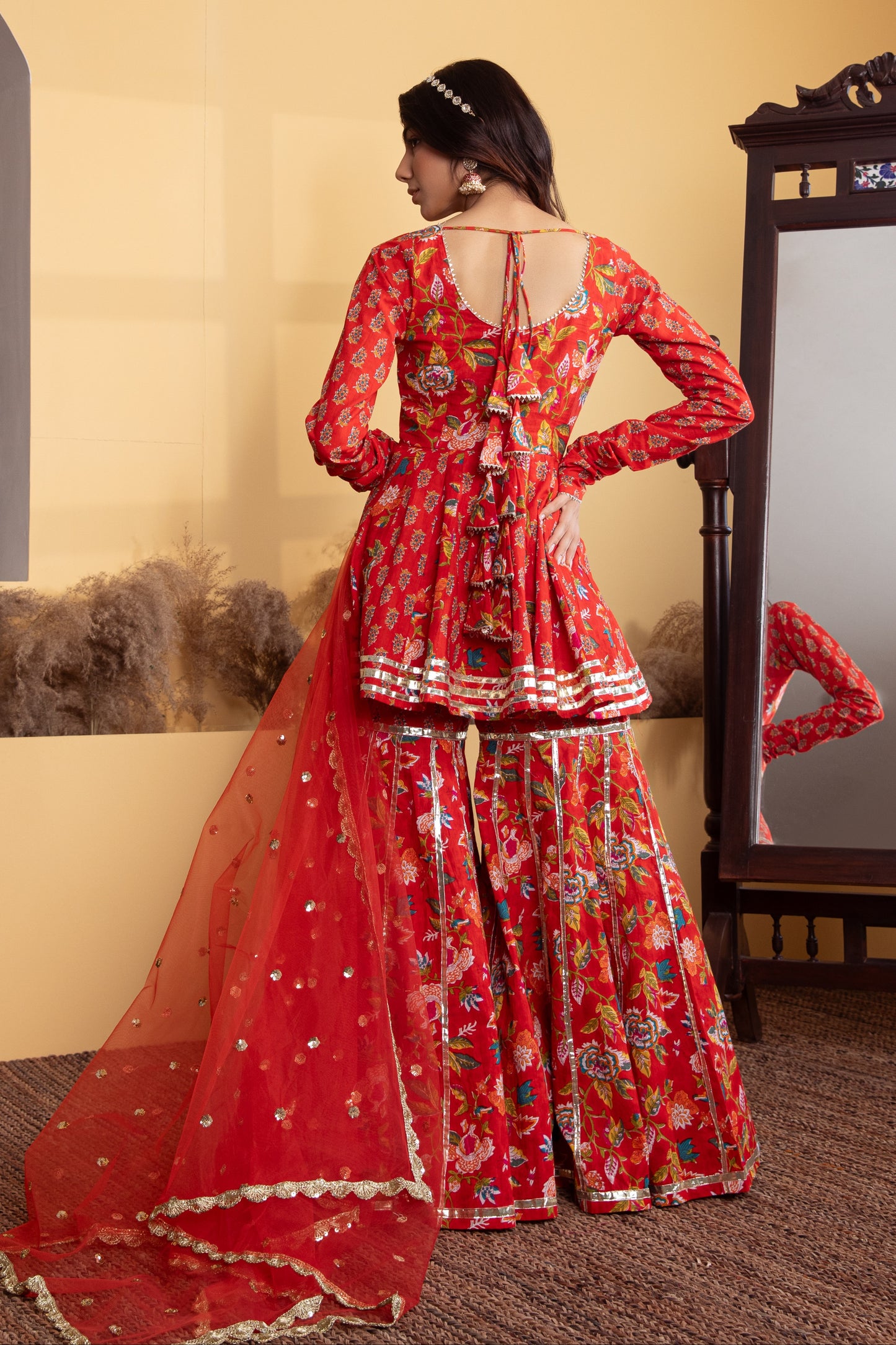Red Cotton Printed Gharara (Set of 3)