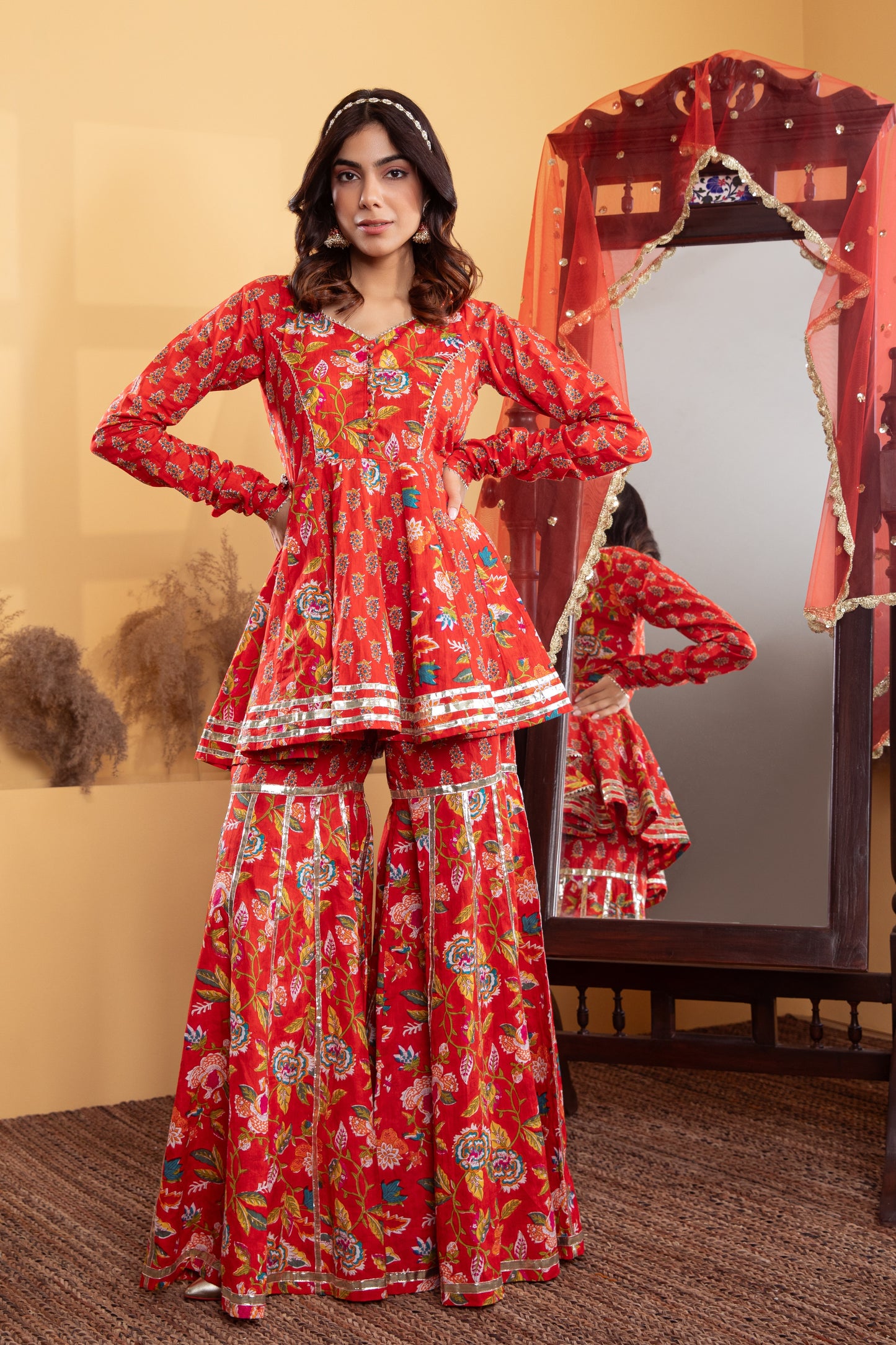 Red Cotton Printed Gharara (Set of 3)