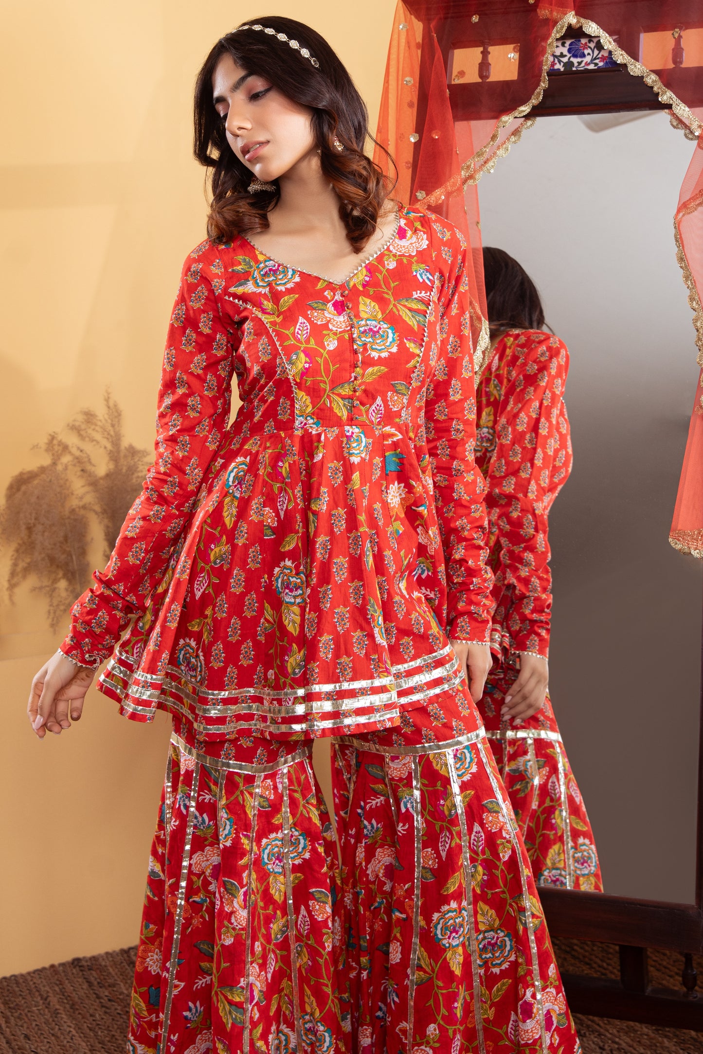 Red Cotton Printed Gharara (Set of 3)