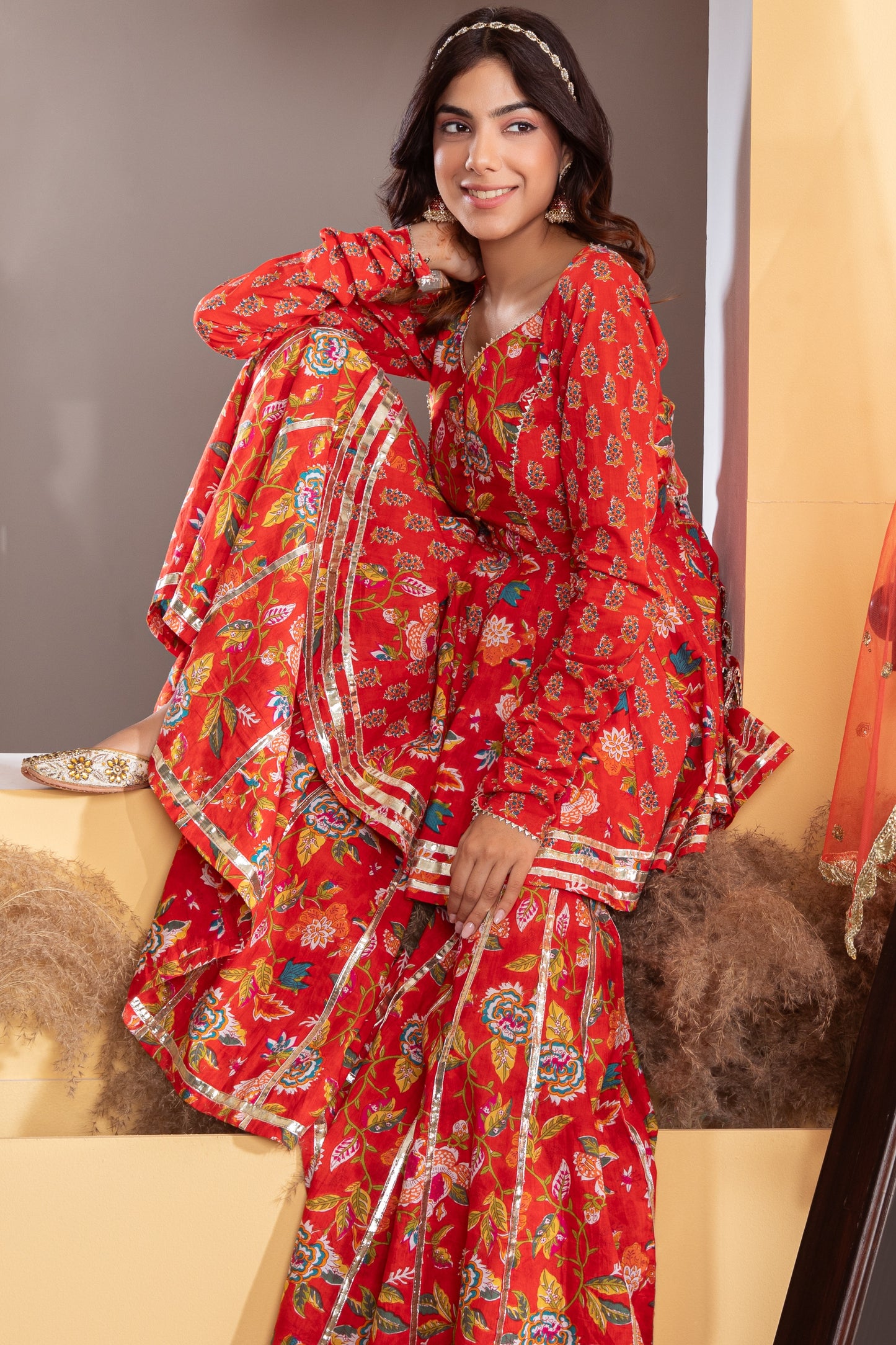 Red Cotton Printed Gharara (Set of 3)