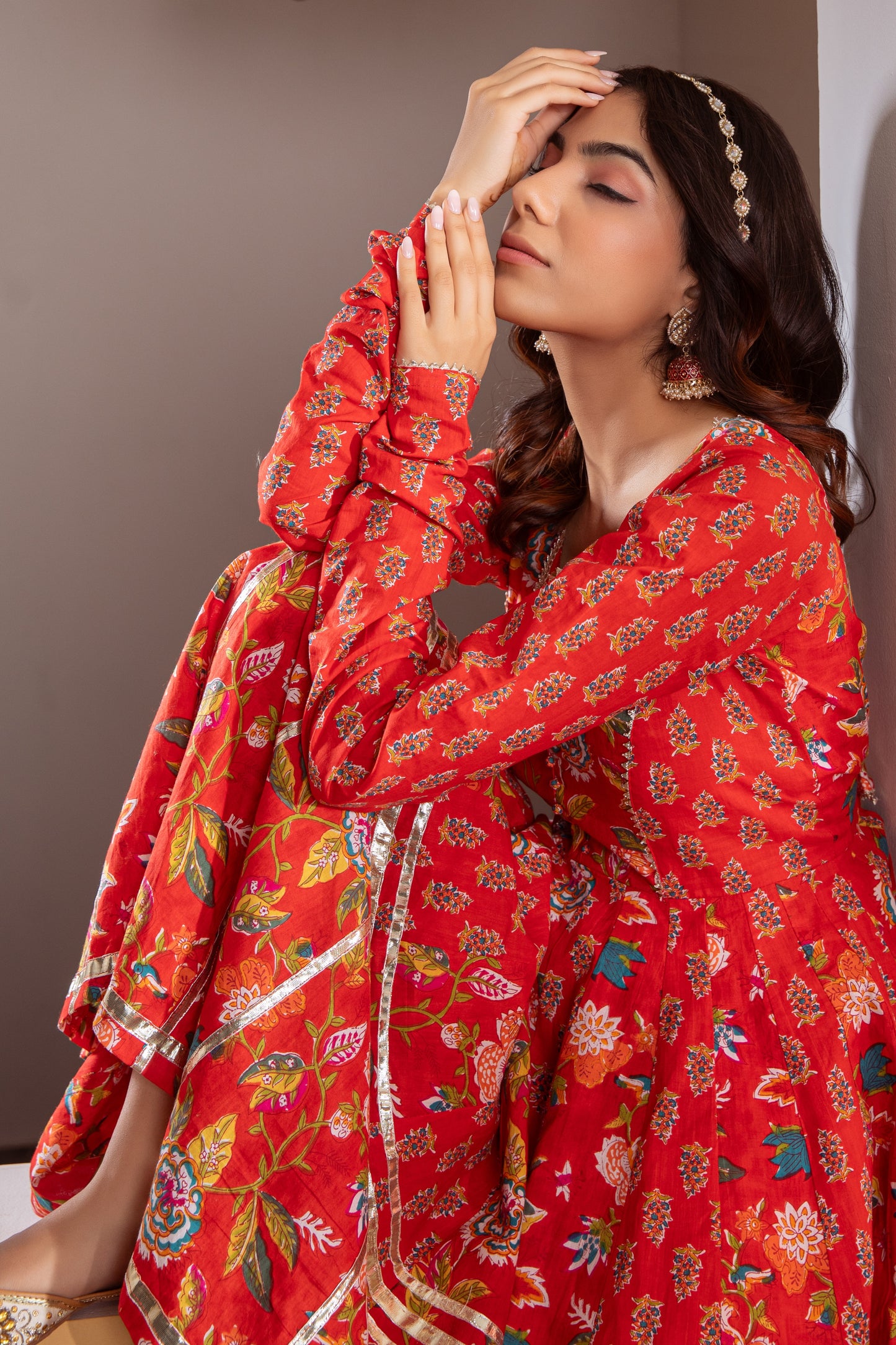 Red Cotton Printed Gharara (Set of 3)