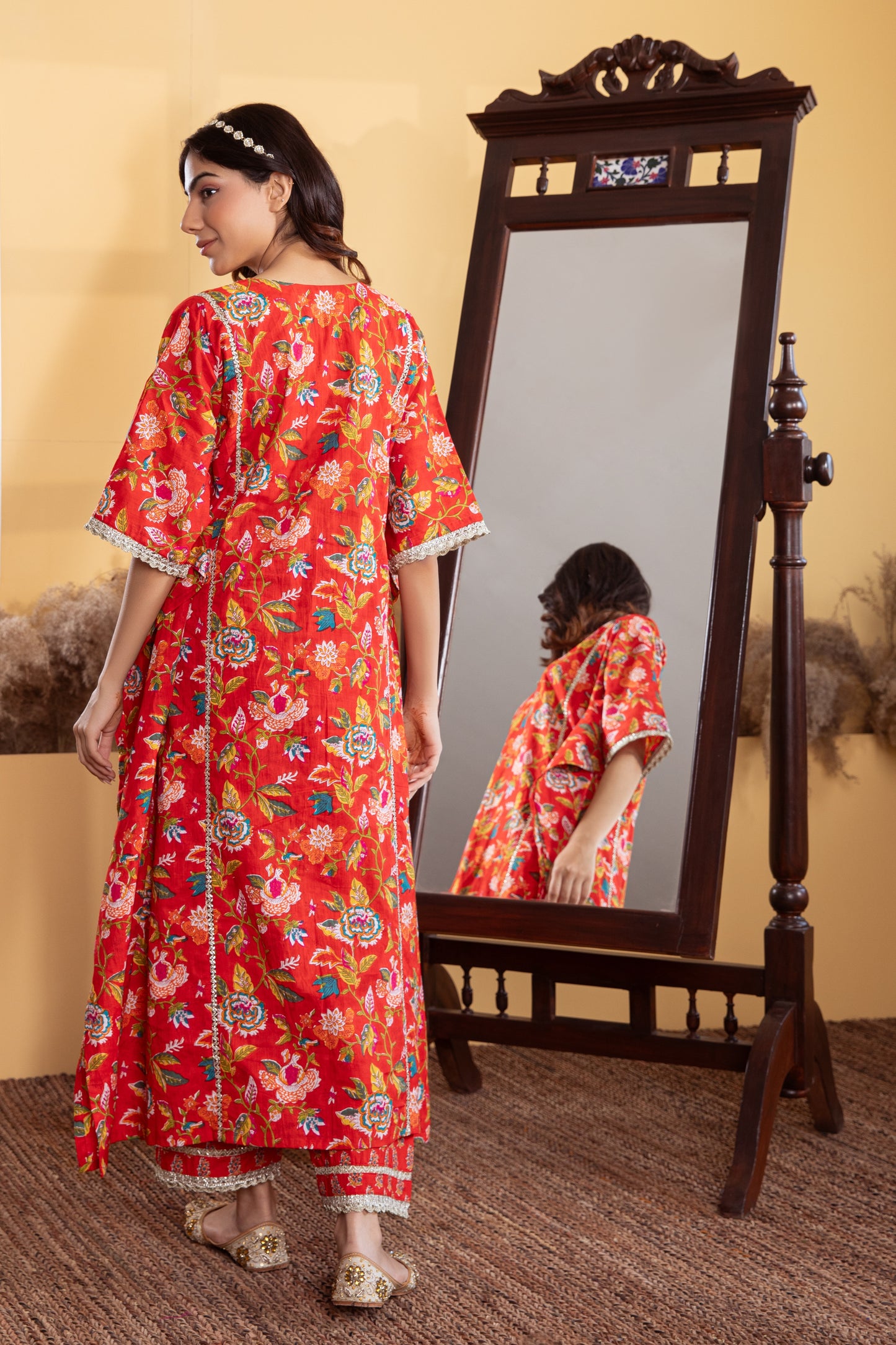 Red Cotton Printed Kaftan with Palazzo (Set of 2)