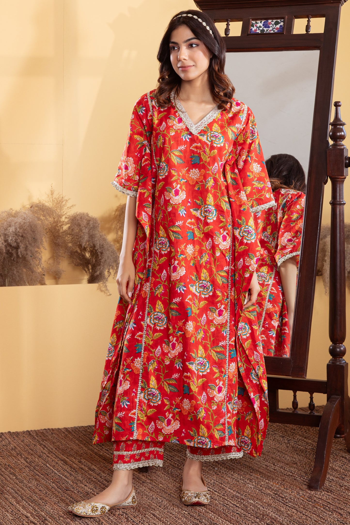 Red Cotton Printed Kaftan with Palazzo (Set of 2)