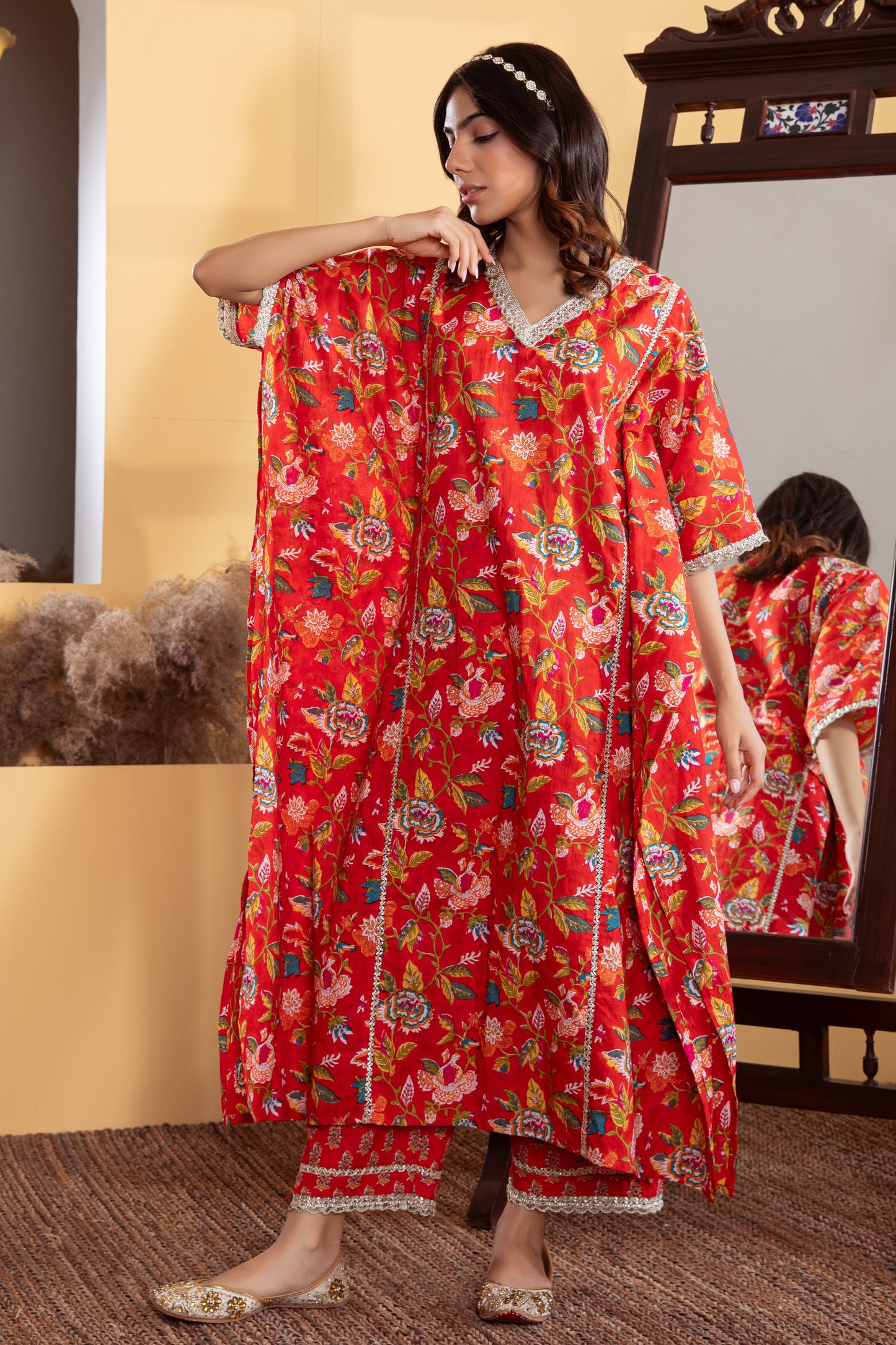 Red Cotton Printed Kaftan with Palazzo (Set of 2)
