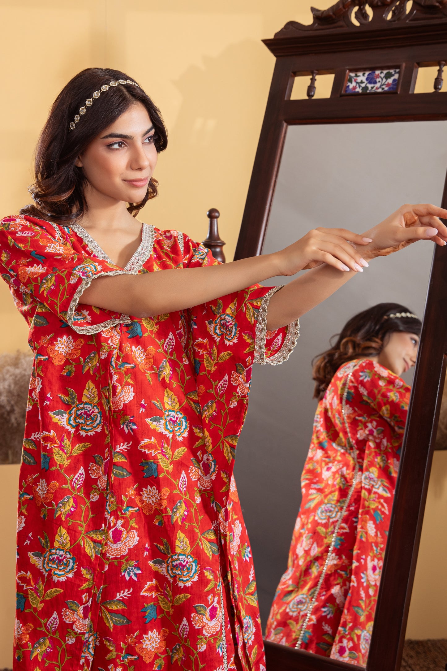 Red Cotton Printed Kaftan with Palazzo (Set of 2)