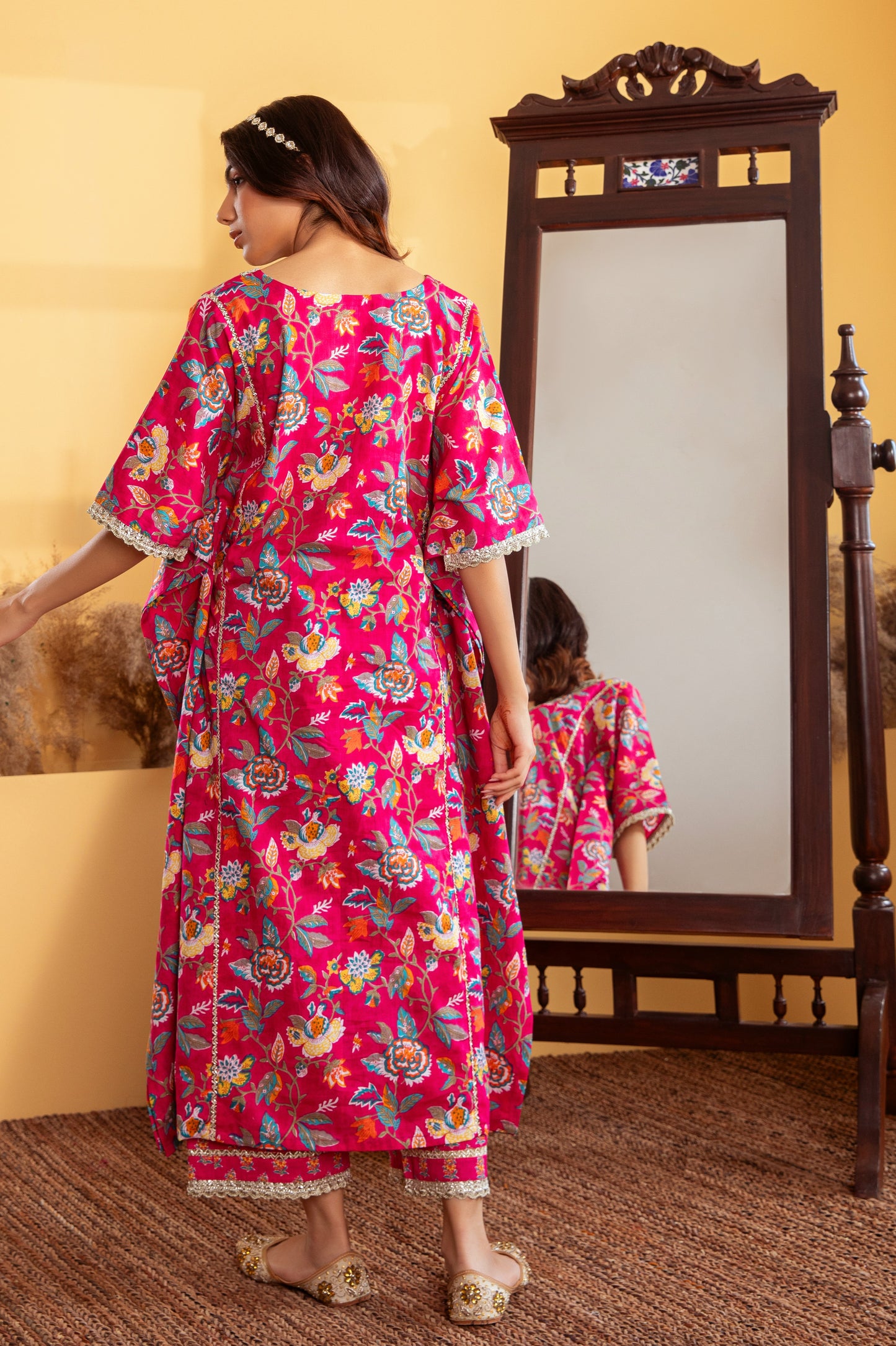 Fuchsia Cotton Printed Kaftan with Palazzo (Set of 2)