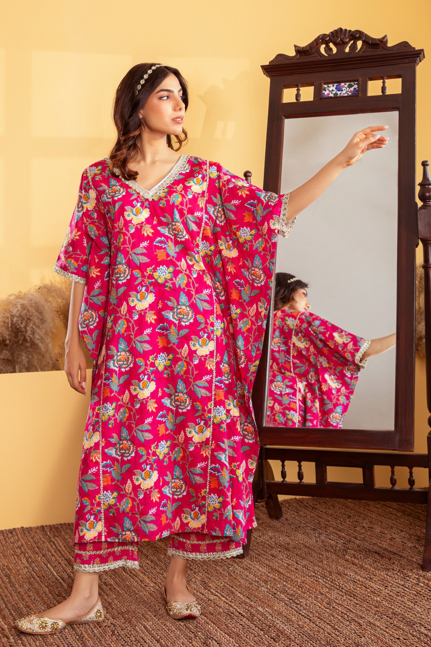 Fuchsia Cotton Printed Kaftan with Palazzo (Set of 2)