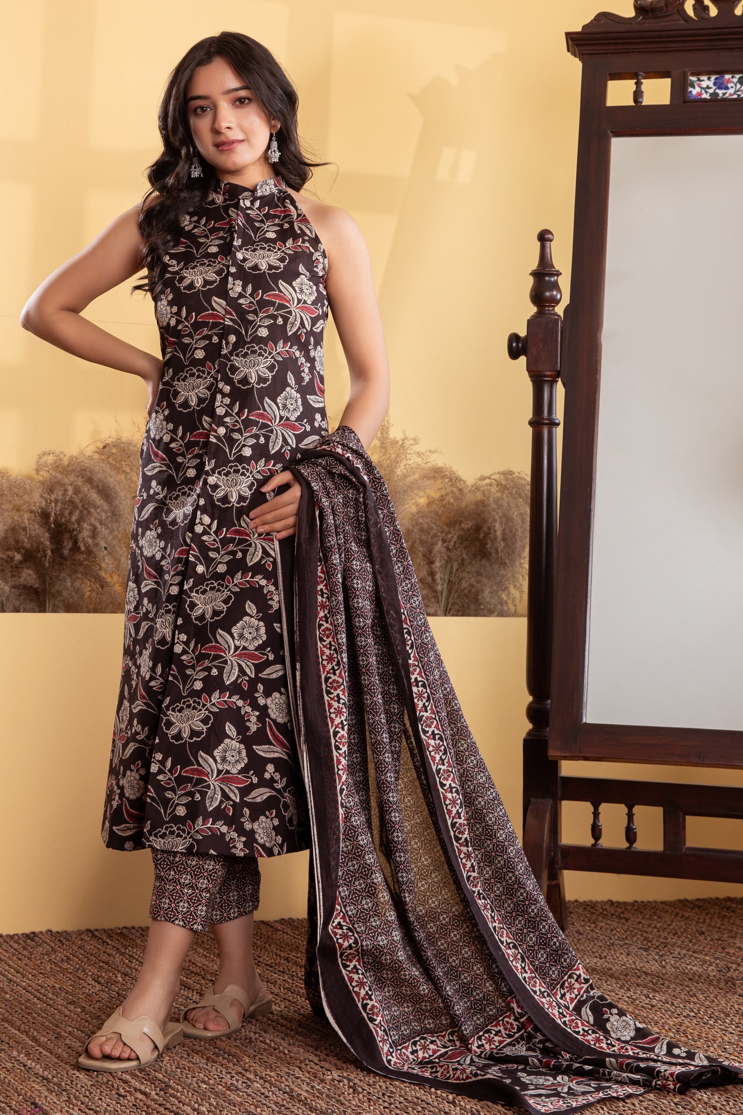 Black Halter Neck Cotton Suit (Set of 3)